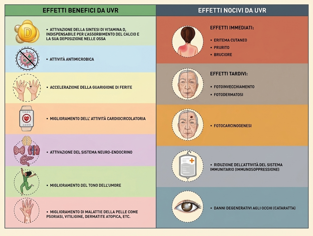 Tabella effetti benefici e nocivi da UV